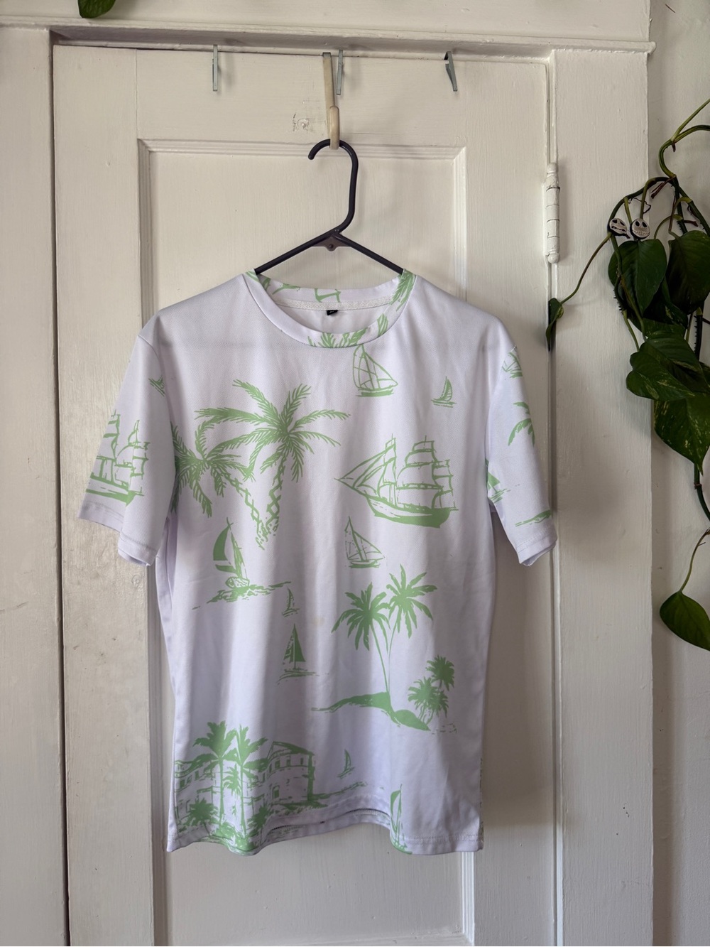 Men's White T-Shirt with Light Green Tropical Print